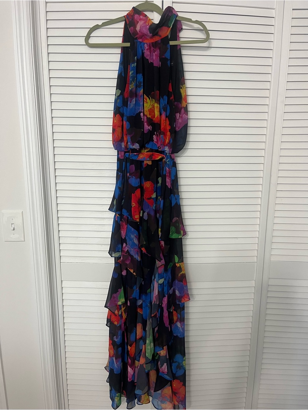Betsy & Adam Black Halter Maxi Dress with Multicolor Floral Print